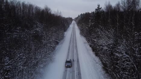 aerial view of winter road alley surrounded by snow covered trees in overcast winter day, small snowflakes falling, car driving trough, wide angle slow ascending drone shot moving backwards