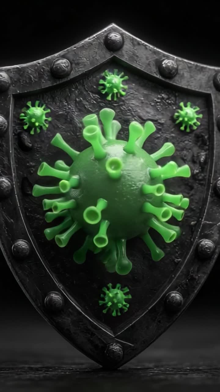 A Stunning Visualization of a Green Virus on a Shield, Representing Protection and Defense Against Infections in a Dark Setting