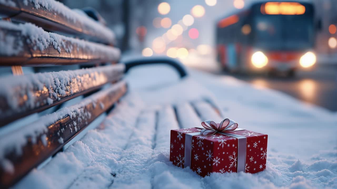Red gift box with festive bow resting on snowy bench in winter scene with blurred bus passing