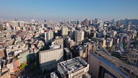 a sweeping aerial view of the vibrant tokyo cityscape under a clear sky, featuring a sprawling urban jungle and an amusement park.