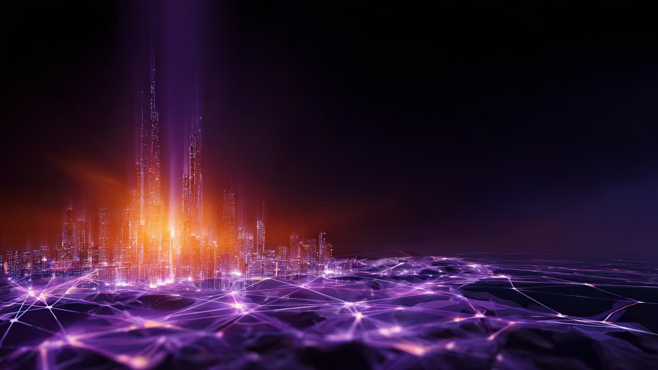 A mesmerizing visual representation of a futuristic cityscape adorned with radiant lights, intricate networking, and ethereal colors, showcasing the integration of technology and urban development in a vibrant digital realm
