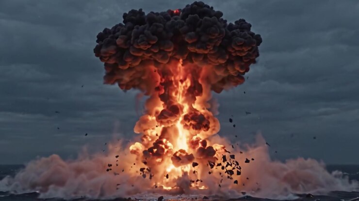 Dramatic Explosion Over the Ocean Captured in Stunning Frames, Showcasing Intense Orange Fireball and Enormous Black Smoke Cloud Rising Against a Stormy Sky