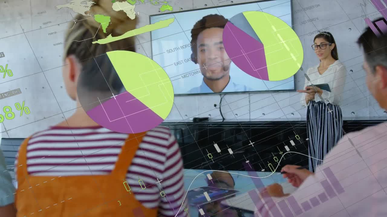 animación del procesamiento de datos estadísticos sobre una mujer de negocios asiática que hace una presentación en la oficina