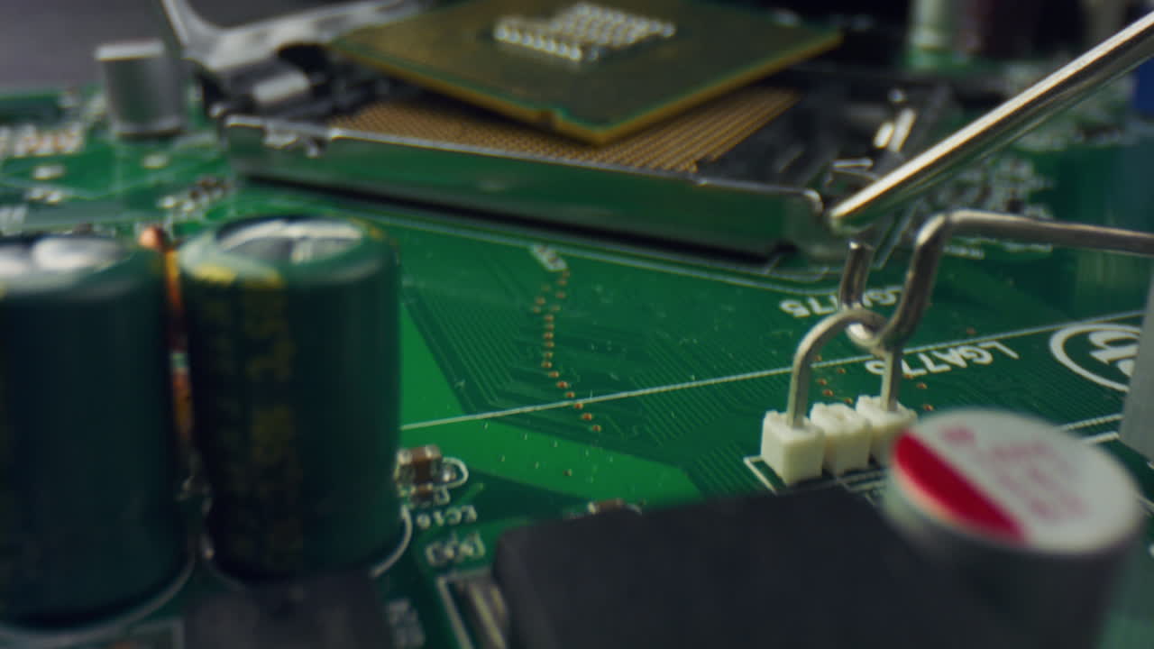 Closeup circuit board of computer. Integrated communication processor