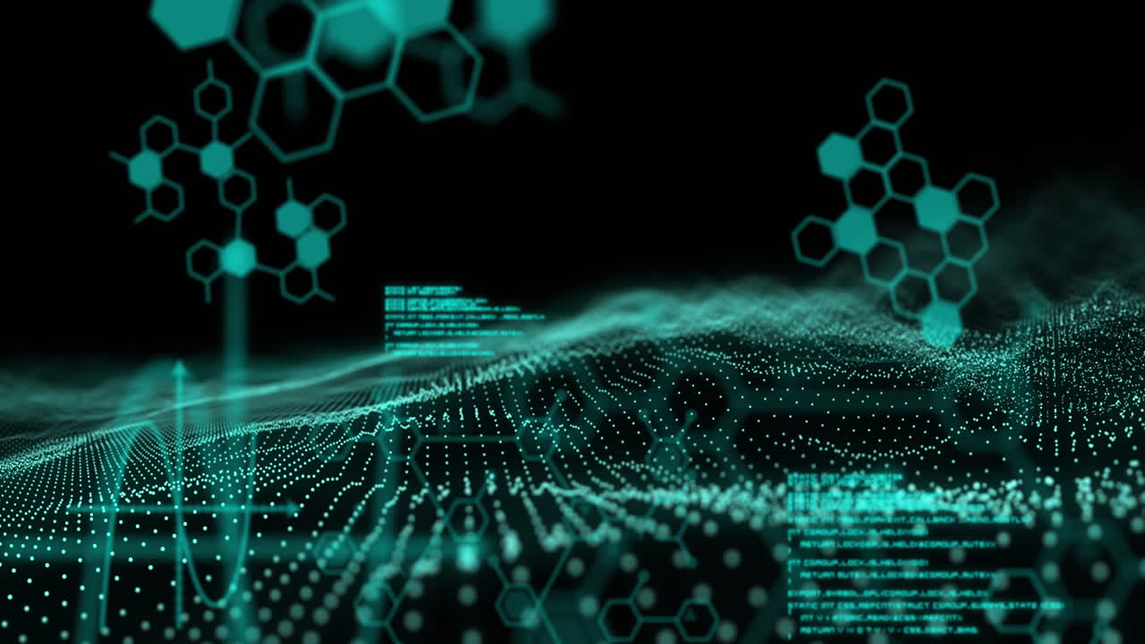 Animation of data processing and chemical compounds over green glowing mesh