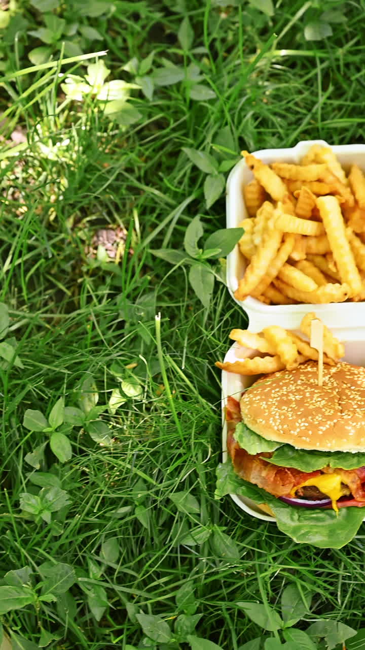 Piquenique com comida de rua com hambúrgueres, batatas fritas e bebida. Vista superior de hambúrgueres para viagem, batatas fritas, ketchup e coca-cola na grama em um piquenique sob a luz do sol forte