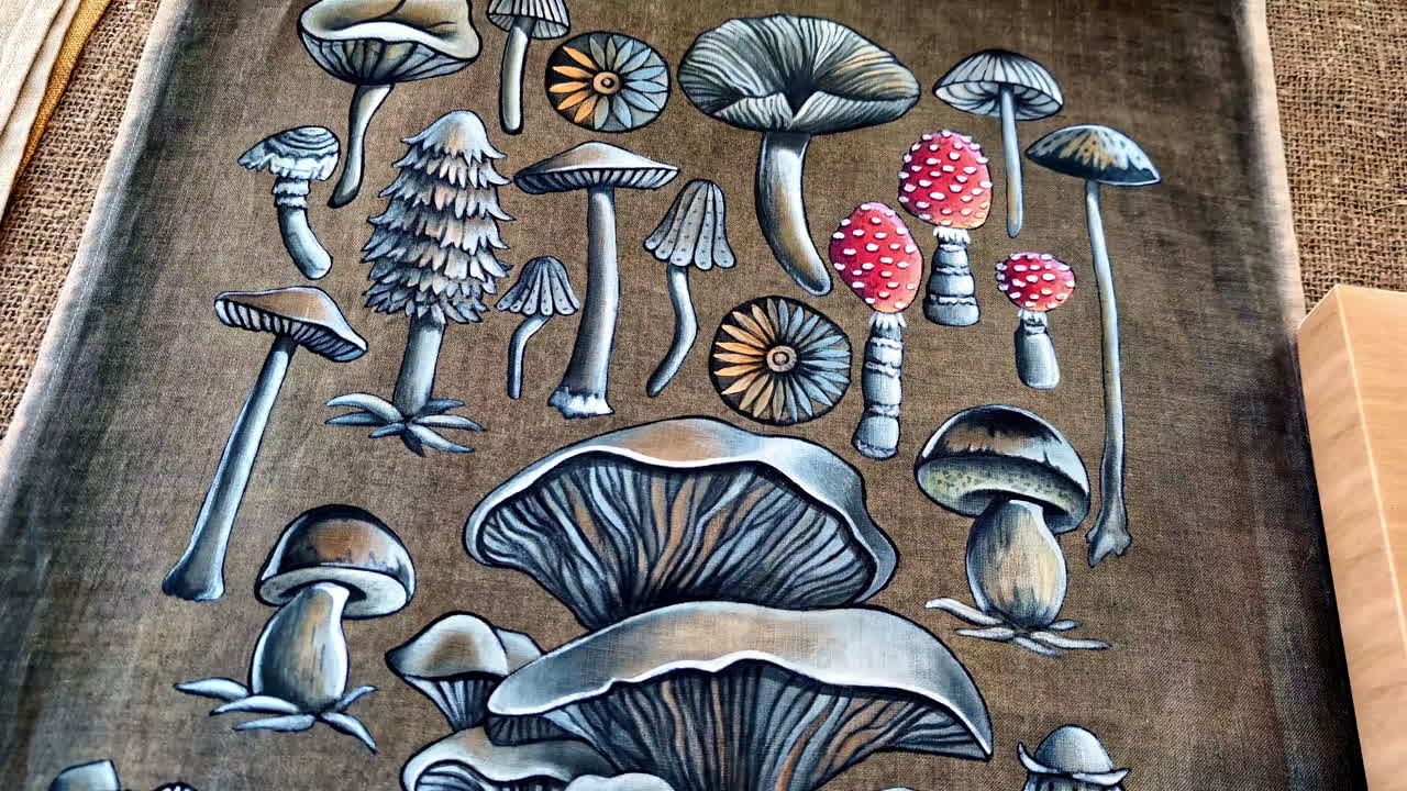 Traditional graffiti of mushrooms on canvas.