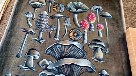 traditional graffiti of mushrooms on canvas.