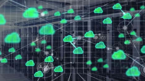 Animation-of-data-processing-and-clouds-with-connections-over-computer-servers