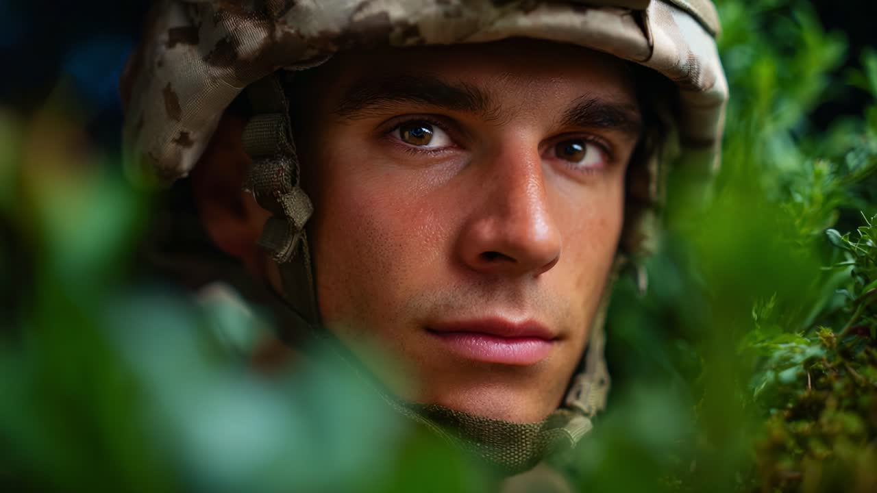 Een gefocuste soldaat in camouflage, omringd door groen, die vastberadenheid en kracht uitstraalt in een natuurlijke omgeving en de essentie van militaire toewijding vastlegt