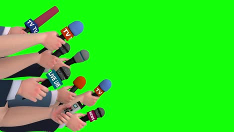 reporters interview with microphones on green screen, side view, looping, 3d