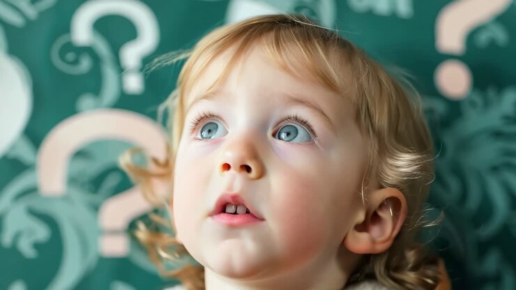 ein kleines kind mit blauen augen, das in den himmel schaut