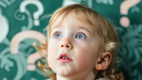 un niño pequeño con ojos azules mirando hacia el cielo