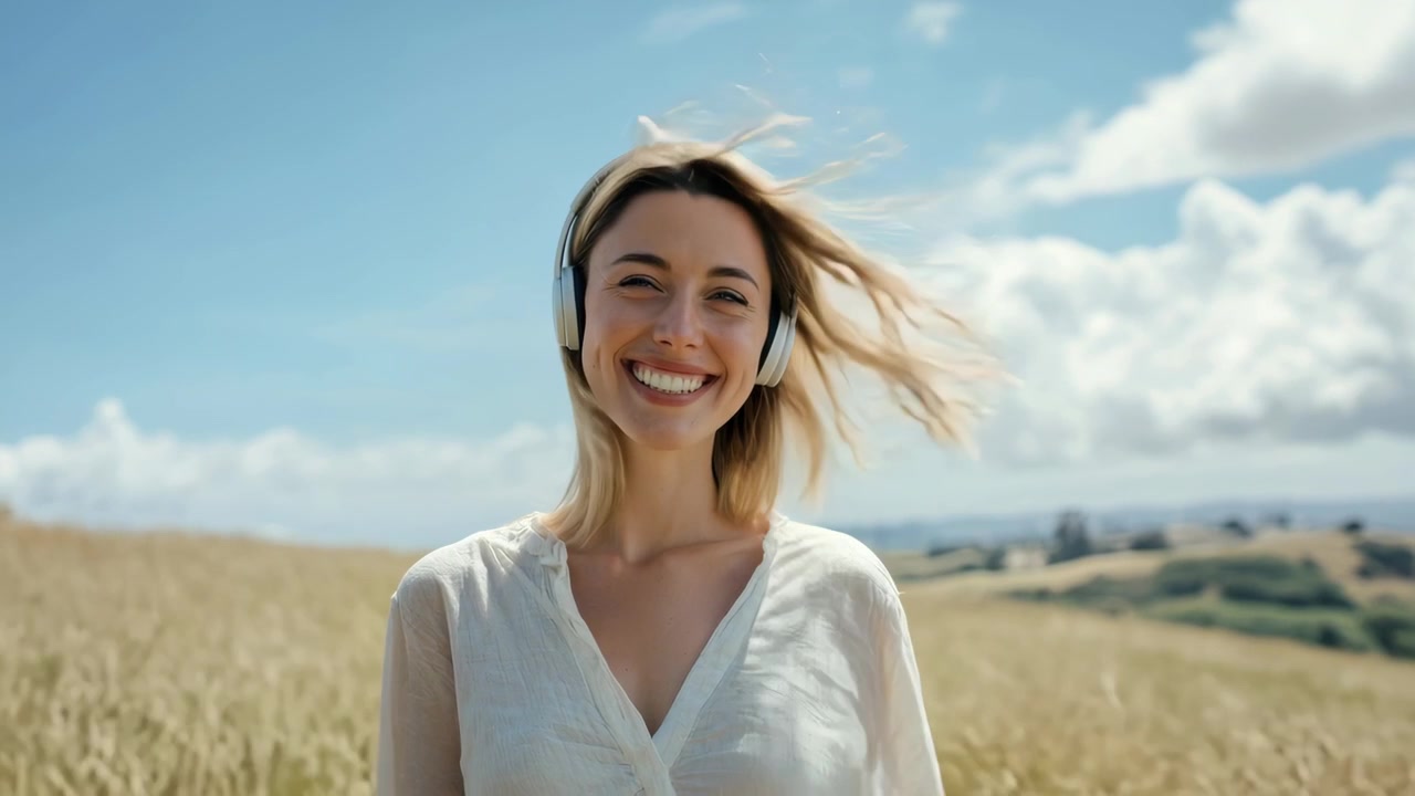 Mujer joven feliz escuchando música en un campo soleado