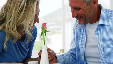 Smiling-mature-couple-interacting-while-having-breakfast