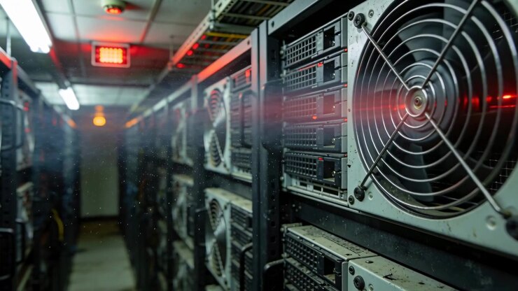 Moving dolly revealing right rack with large fan spinning, blinking LEDs in data center aisle