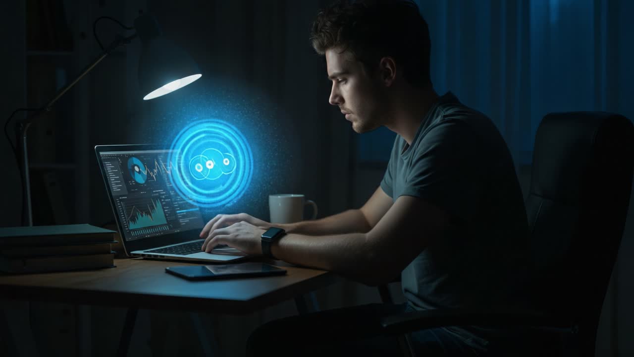 A Focused Individual Analyzing Data Late at Night, Illuminated by a Desk Lamp, Diving Deep into Informational Graphics on a Laptop Screen