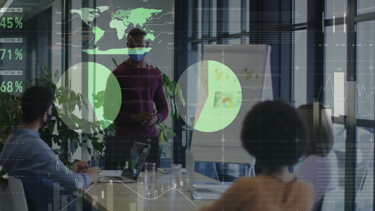 Animation of data processing over diverse business people wearing face masks during meeting