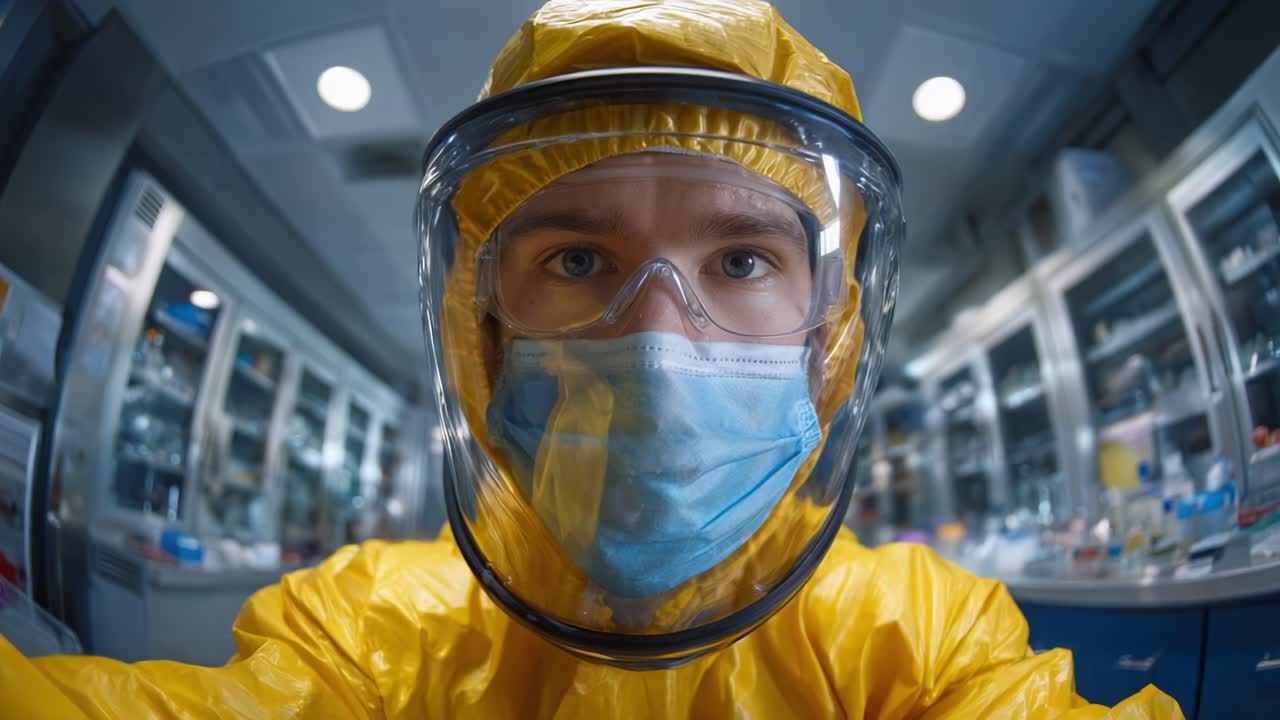 Uno scienziato specializzato che indossa dispositivi di protezione conduce una ricerca in un laboratorio, dimostrando il suo impegno per la sicurezza e l'innovazione in un ambiente controllato.
