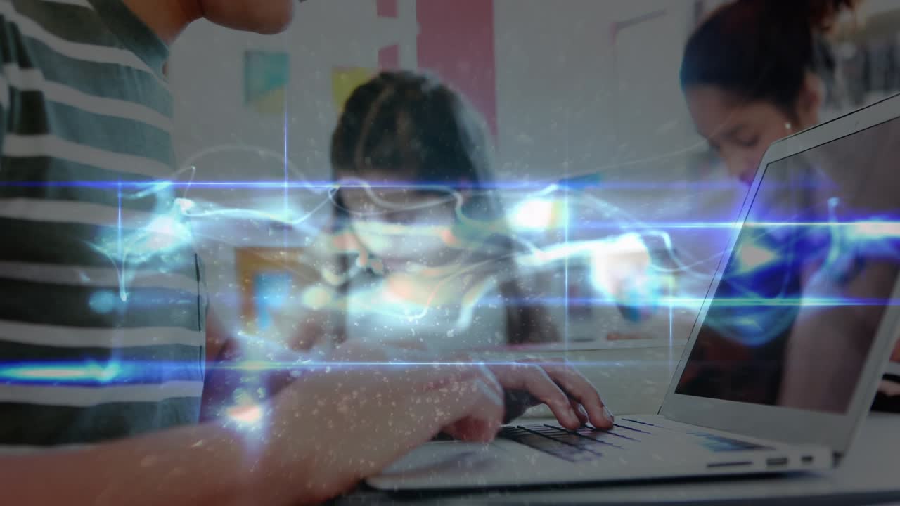 Animation of blue lights over diverse group of pupils using technology