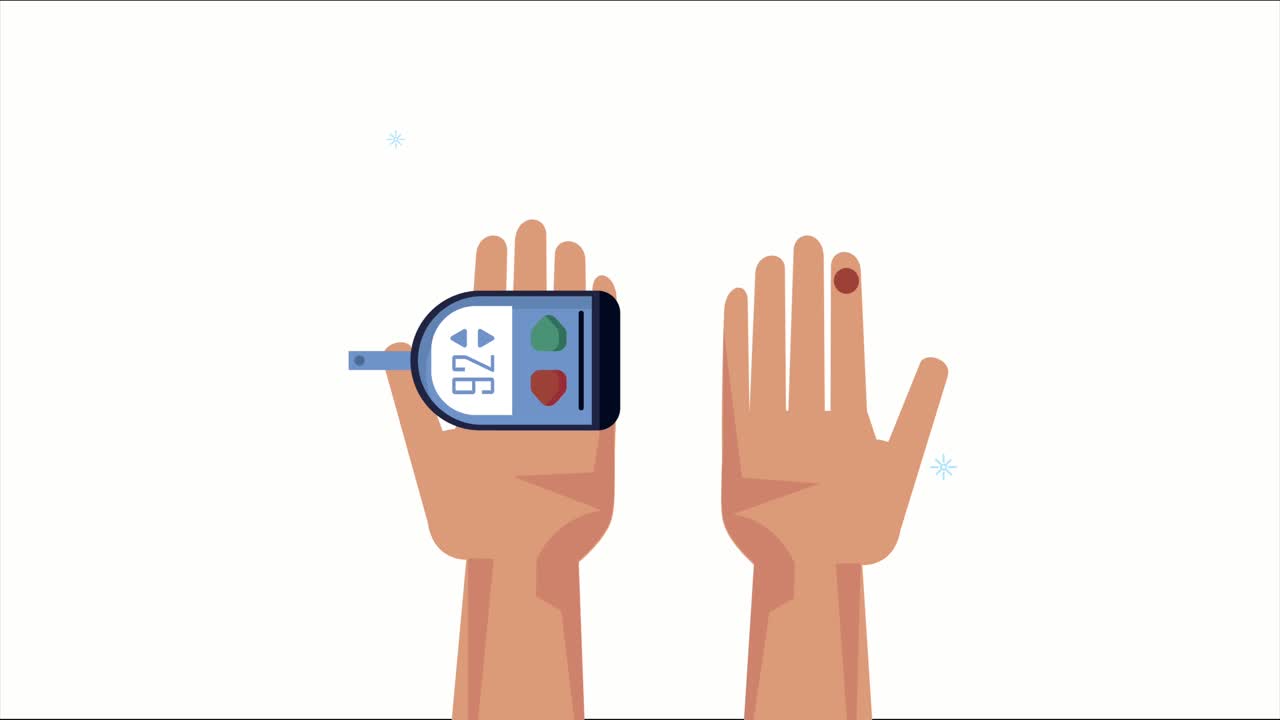 diabetes disease animation with hands lifting glucometer