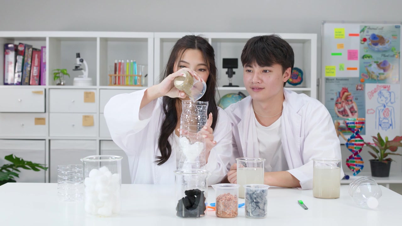 白衣を着た2人の学生が、DIYのペットボトルフィルターに汚れた水を注ぐ