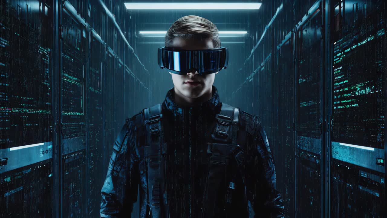 Uomo che indossa un visore VR futuristico in un centro dati