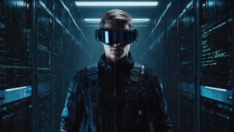 man wearing a futuristic vr headset in a data center