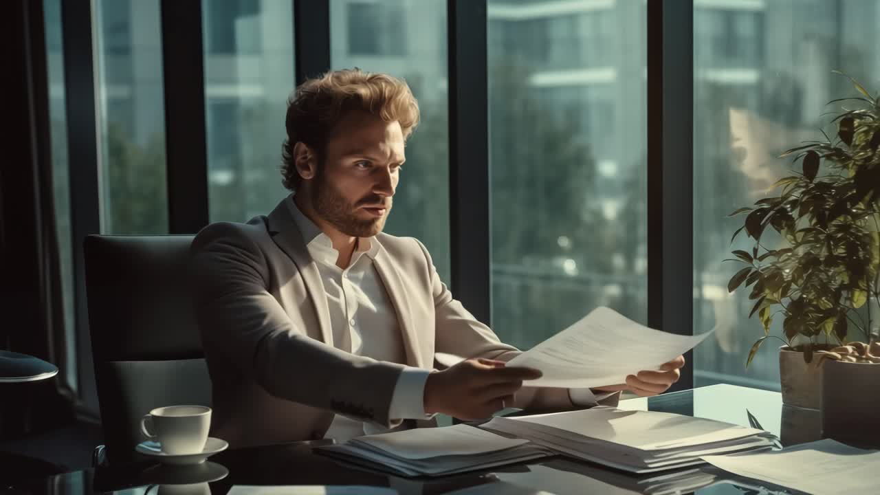Businessman Reviewing Documents in Modern Office