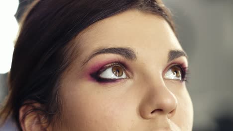 imágenes de cerca de la creación del perfecto look de ojos ahumados, hermosos ojos de avellana de una atractiva chica morena.
