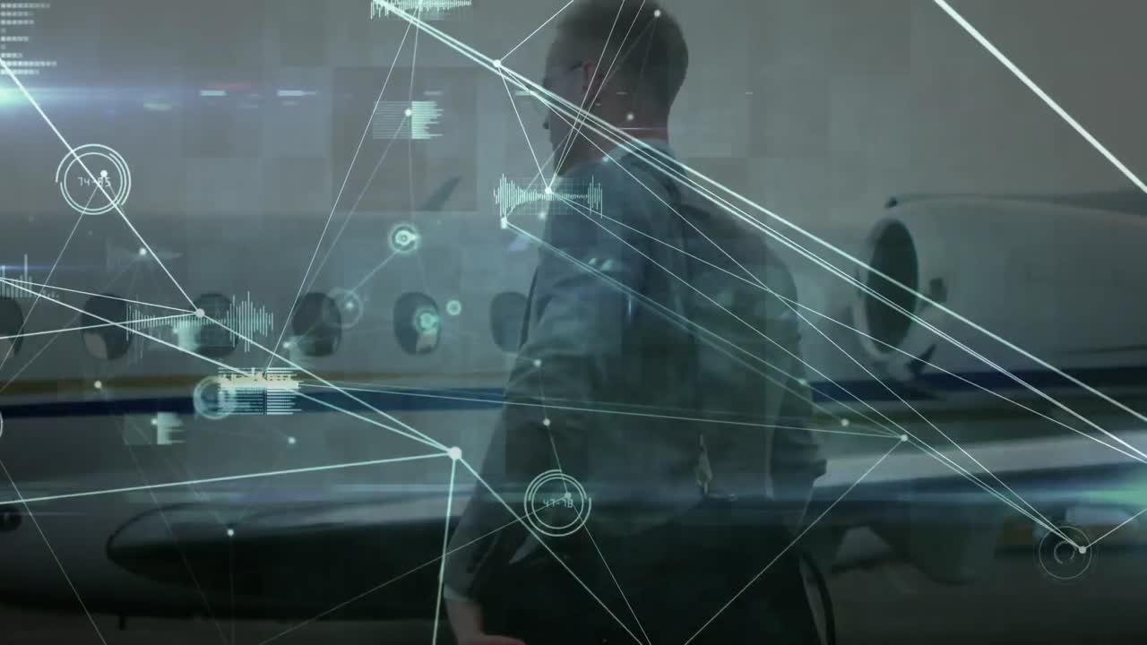 공항에서  ⁇ 고 있는 백인 사업가에 대한 연결 네트워크의 애니메이션