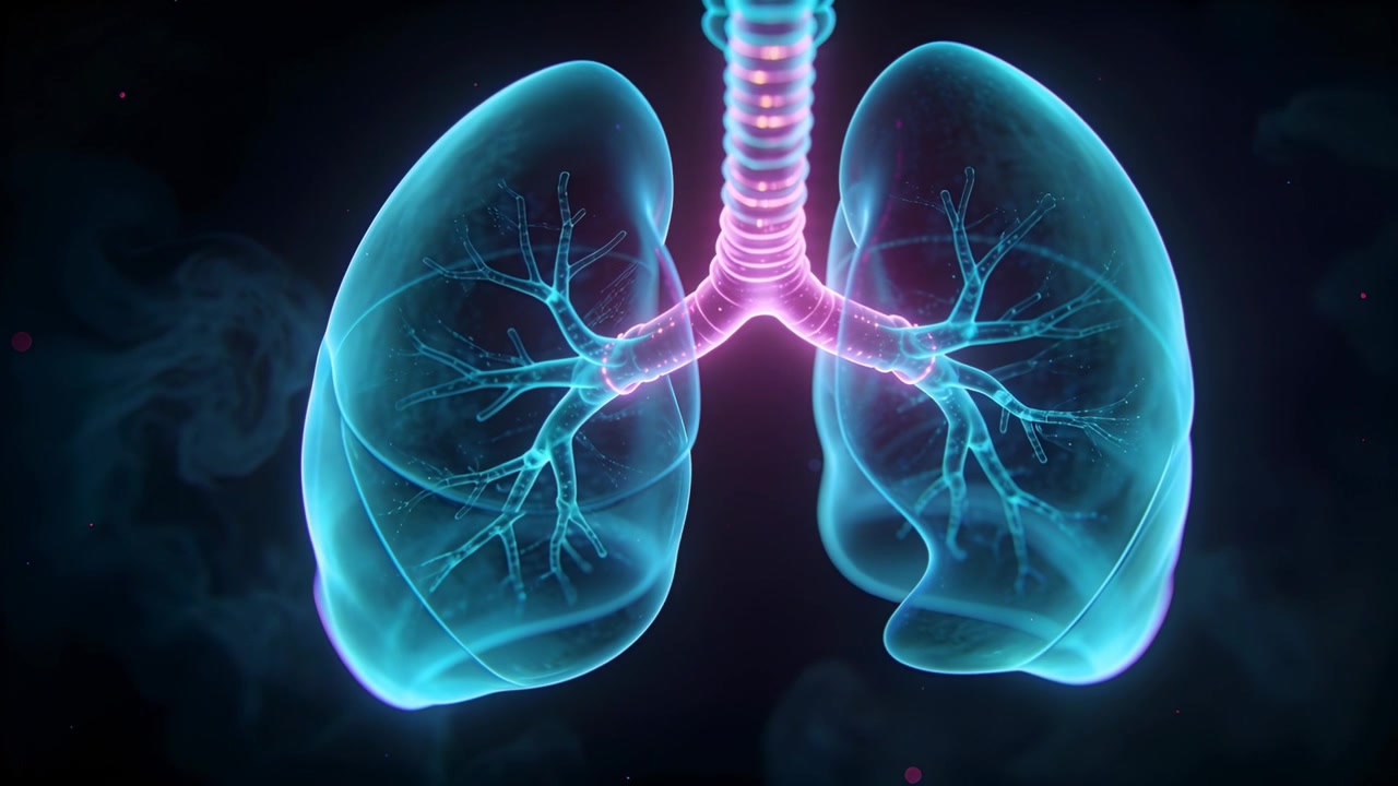 Polmoni animati che si espandono e pulsano all'inizio, illuminando trachea e bronchi per l'anatomia in CGI.