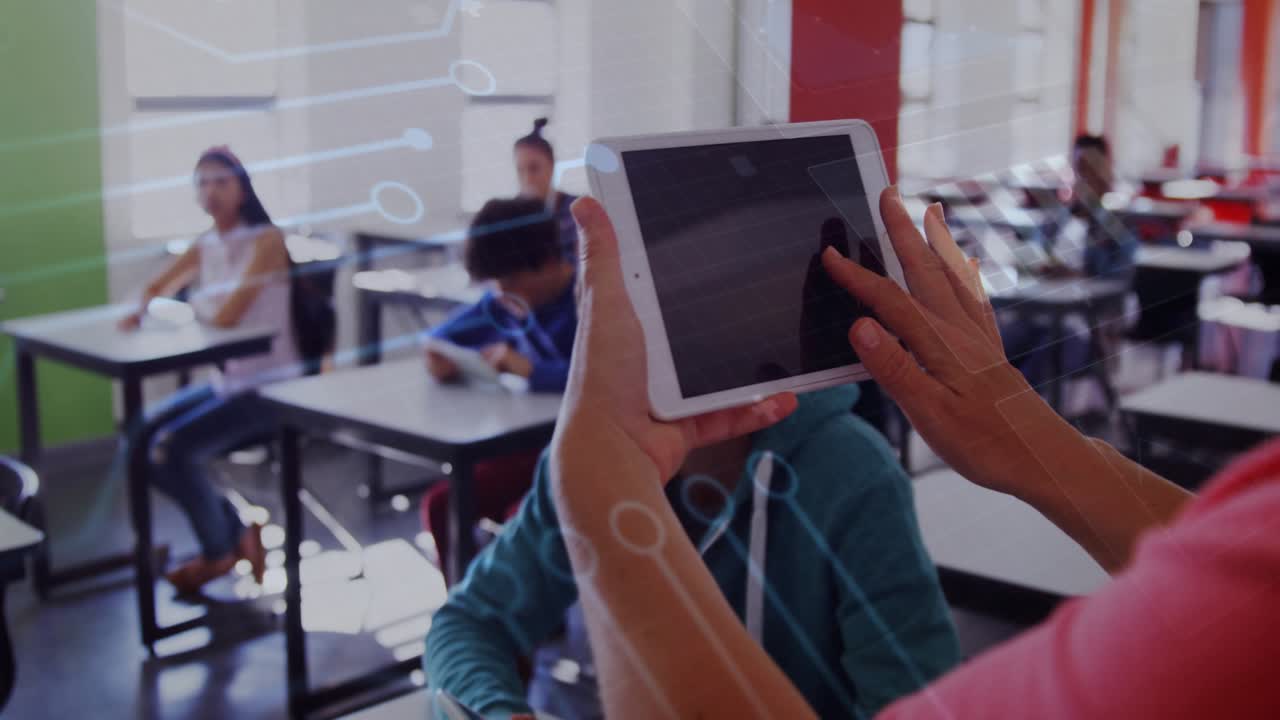 Vertical video: Teacher moving tablet, swiping, updating bar chart HUD while student watches lesson