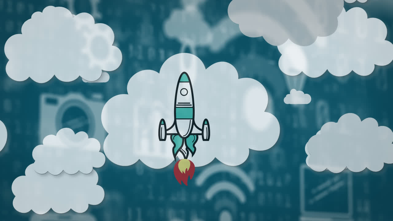 Animation of space rocket taking off over online icons and digital clouds on blue background