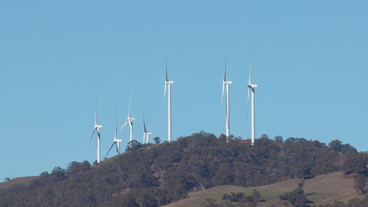 Inquadratura ampia di pale eoliche bianche che girano su un crinale boscoso a Matheson, Australia