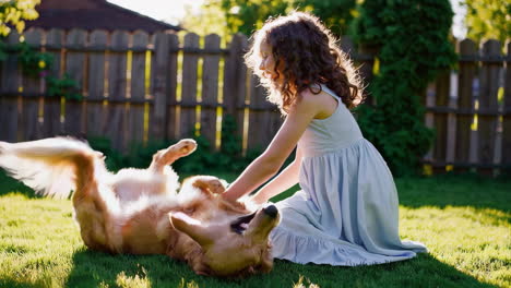 girl and dog playing in the garden