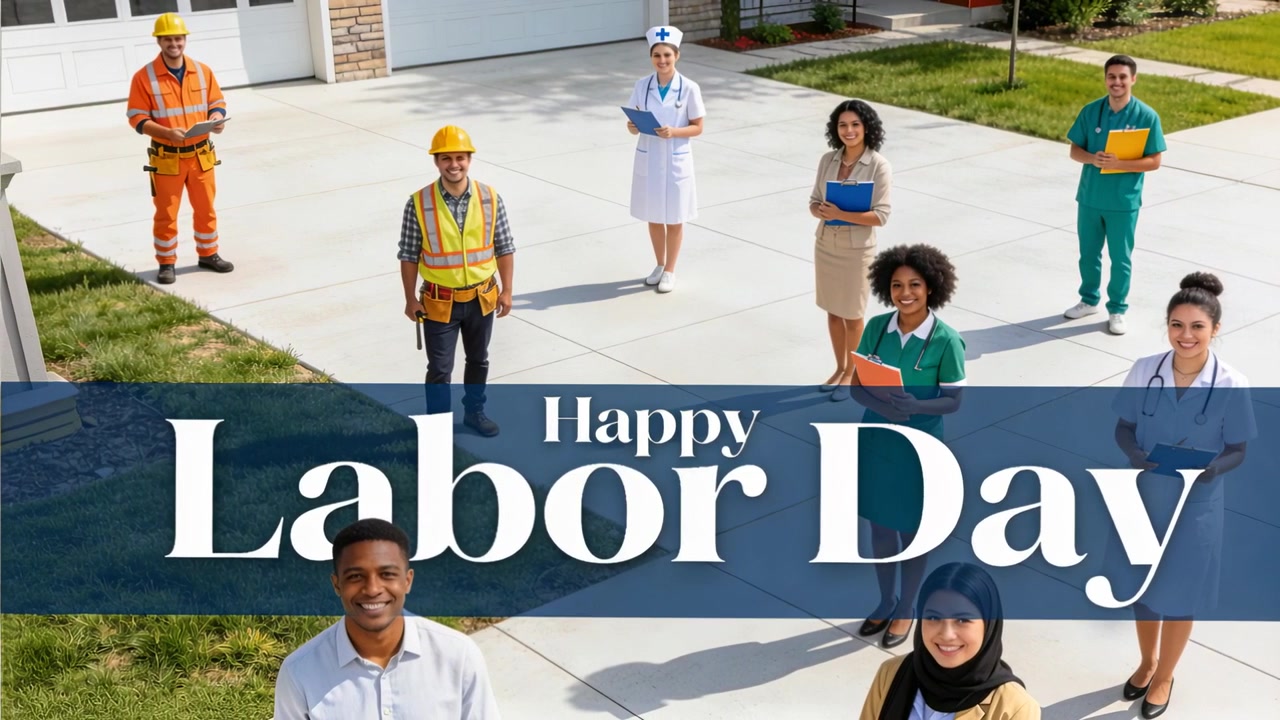 Posing nine pros holding hard hats in driveway, camera zooming, revealing Happy Labor Day greeting