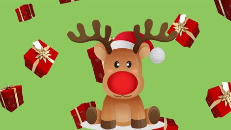 Animation-of-presents-and-reindeer-falling-on-green-background