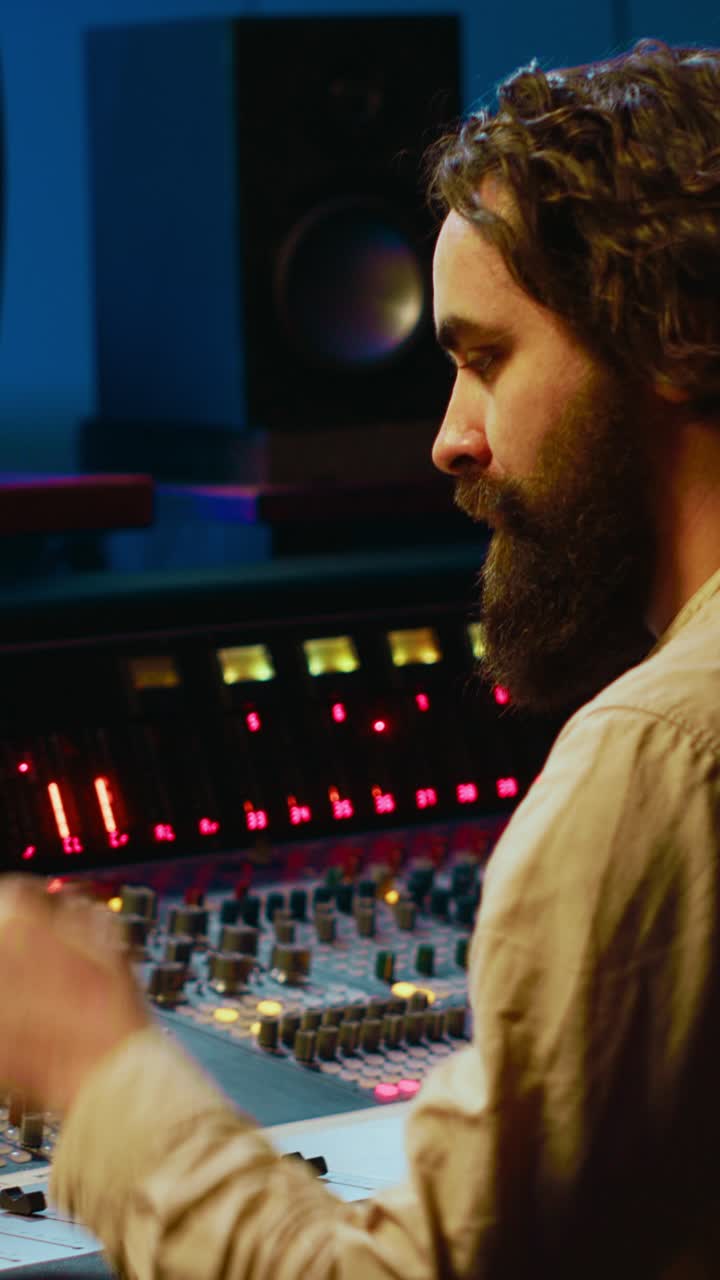 Man Working on Audio Mixing Console in Recording Studio