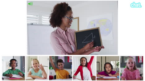 animation of video call screens of chalkboard and diverse teacher and children having online lesson