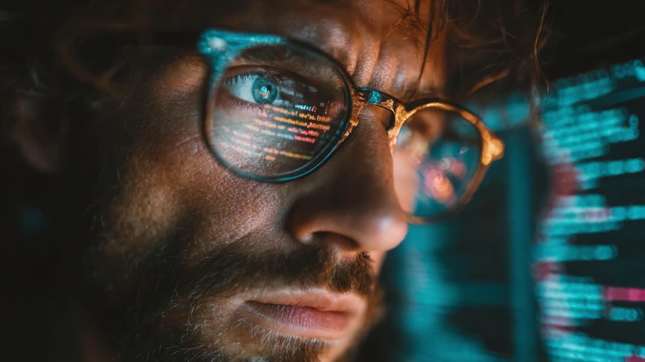 A Deep Dive into Data: An Intense Programmer Analyzing Code with Focus and Precision, Surrounded by a Screen Filled with Complex Algorithms and Data Analytics
