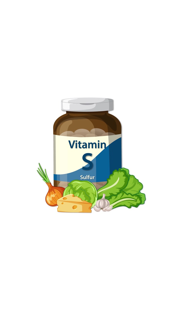 L'etichetta di una bottiglia di vitamina zolfo si anima mentre appaiono verdure e formaggio, su sfondo bianco pulito, con transizioni fluide.