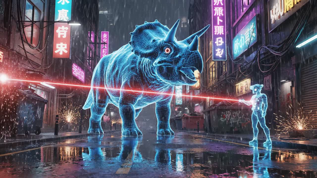 Cyberpunk Triceratops and Hologram in Neon City