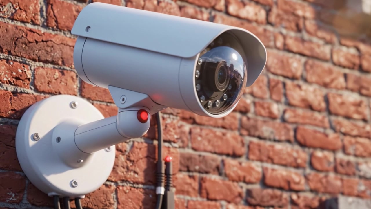 Telecamera di Sorveglianza Montata su un Muro di Mattoni: Uno Sguardo Ravvicinato alla Tecnologia di Sicurezza negli Ambienti Urbani, Sottolineando Sicurezza e Monitoraggio