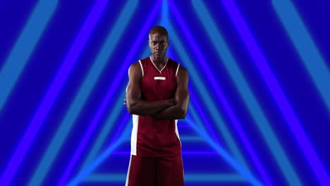 animation of african american male basketball player with arms crossed over shapes