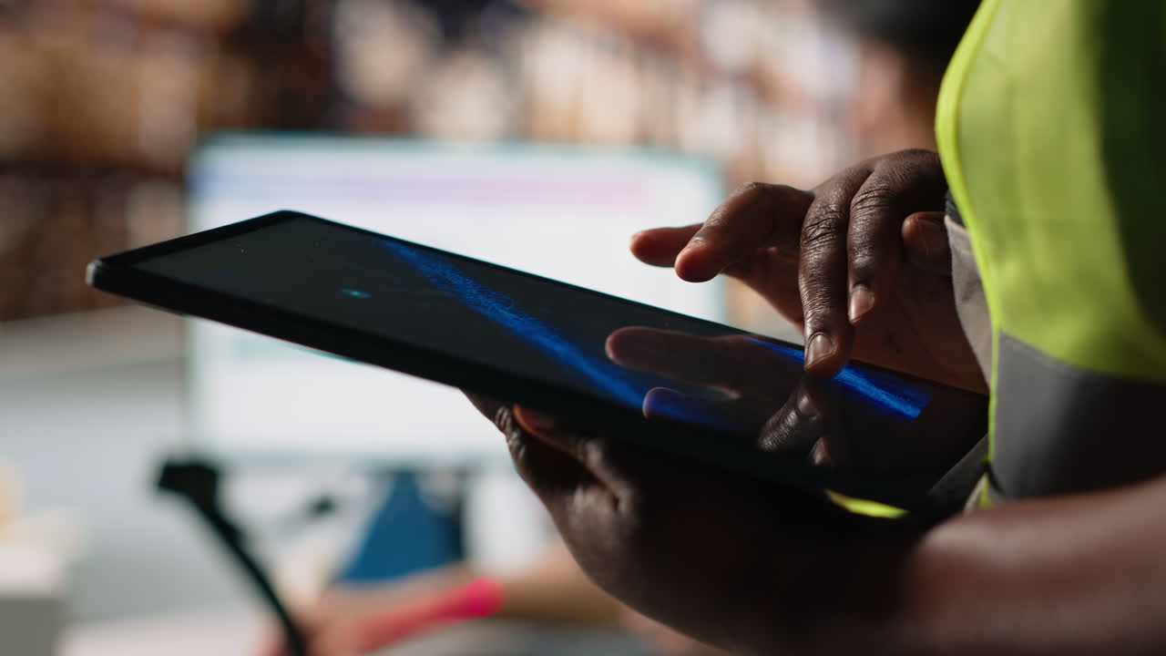 Vertical Video Close up of african american person checking tracking info for parcels on tablet