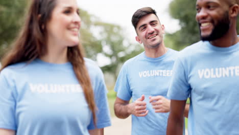 happy group, volunteer and walking in park