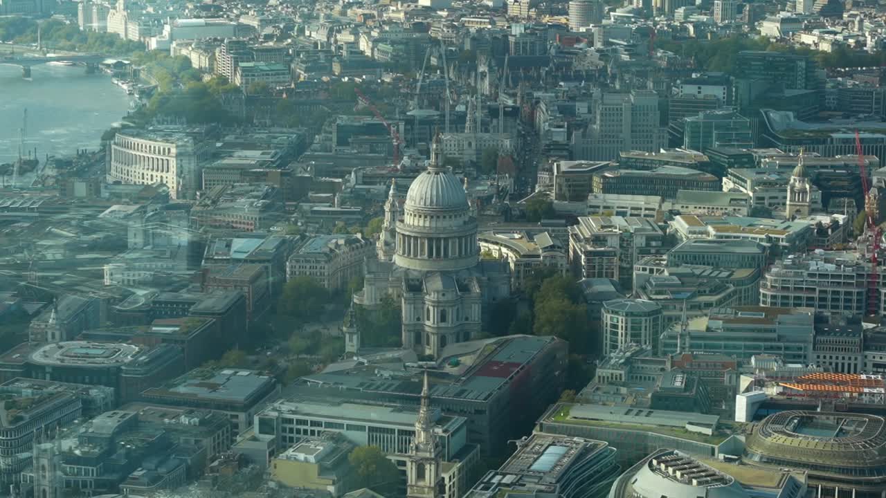 St Paul's Cathedral of London in middle of smaller buildings. View from above