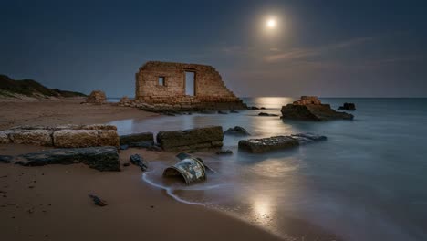 serenity of the moonlit shore: a striking view of ancient ruins emerged from the night's embrace, reflecting on the calm waters and timeworn stones