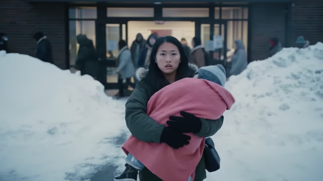 A Young Woman Exits a Building Holding a Child Wrapped in a Blanket, Surveying a Snowy Environment with Concern and Urgency